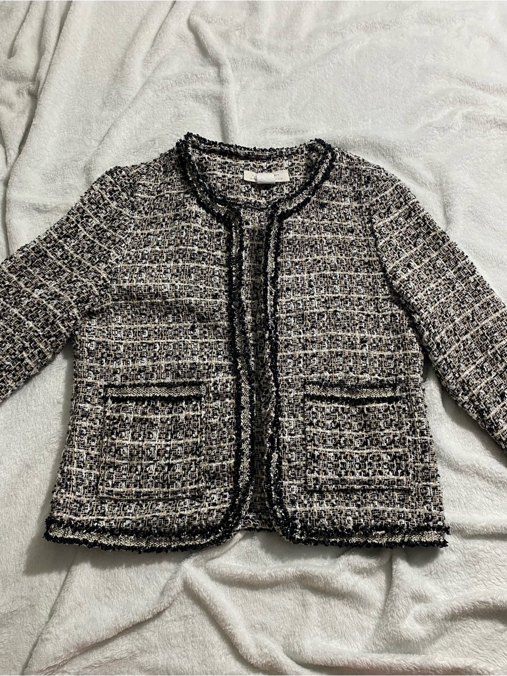 Black & White Bouclé Tweed Collarless Blazer